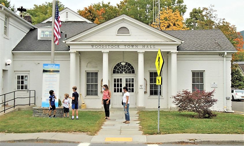 The Woodstock Town Hall in Woodstock, New York, is located at 76 Tinker Street