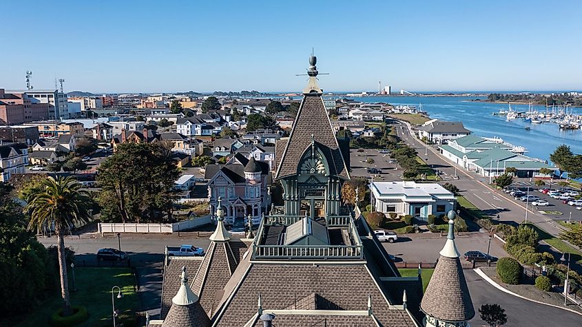 Morning light illuminates the historic downtown area of Eureka, California, USA.