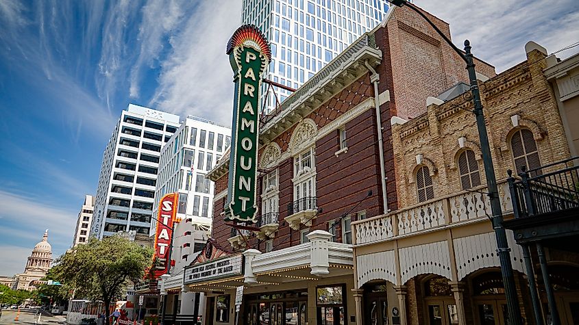 The Paramount Theater and State Theatre in the historic district of Austin, Texas. Editorial credit: 4kclips / Shutterstock.com