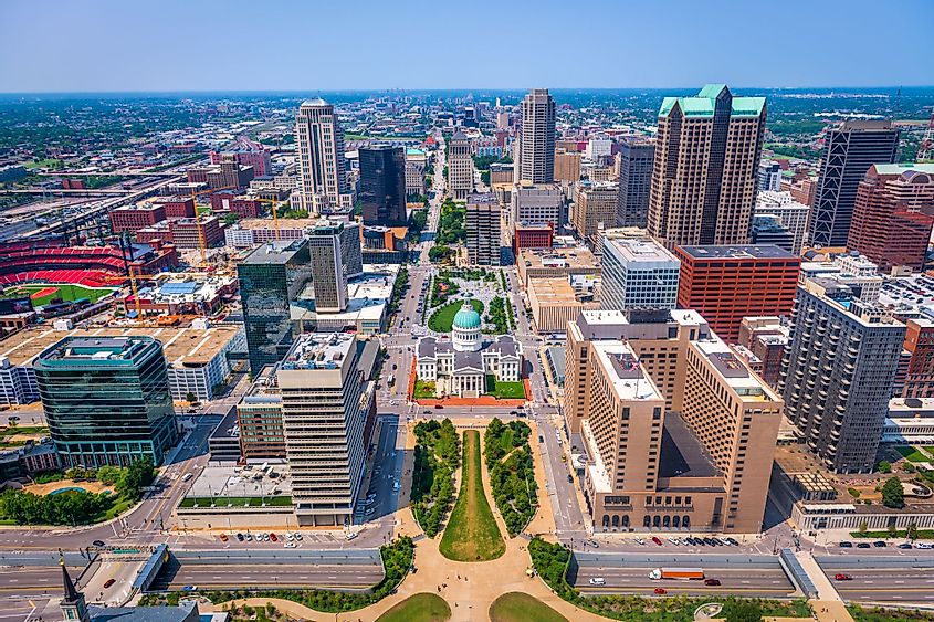 Aerial view of the downtown skyline of St. Louis, Missouri. 