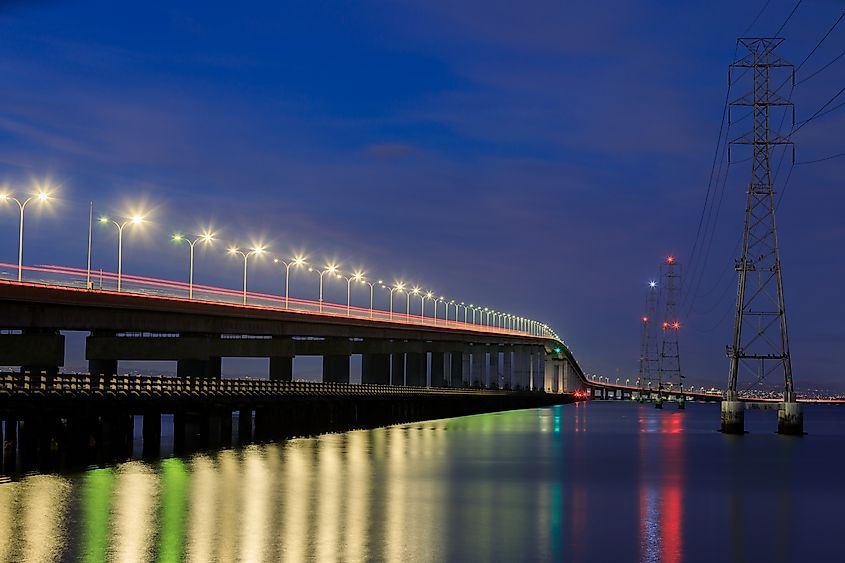 The San Mateo-Hayward Bridge and Electricity Towers via Foster City, California