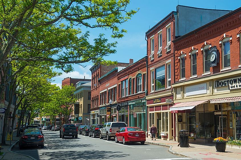 Historic commercial buildings on Main Street in downtown Gloucester, Massachusetts