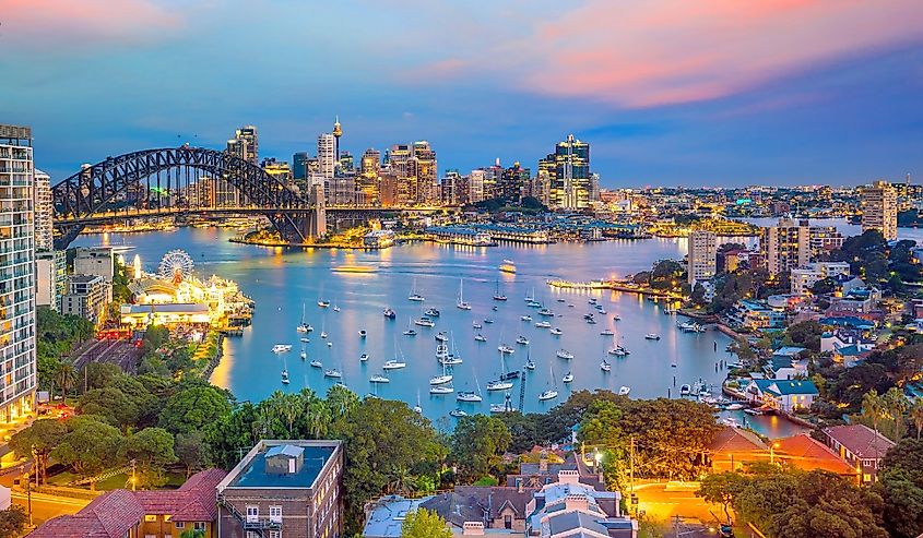 Downtown Sydney skyline in Australia at twilight