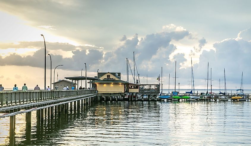 Building on Pier at Sunset in Fairhope, Alabama