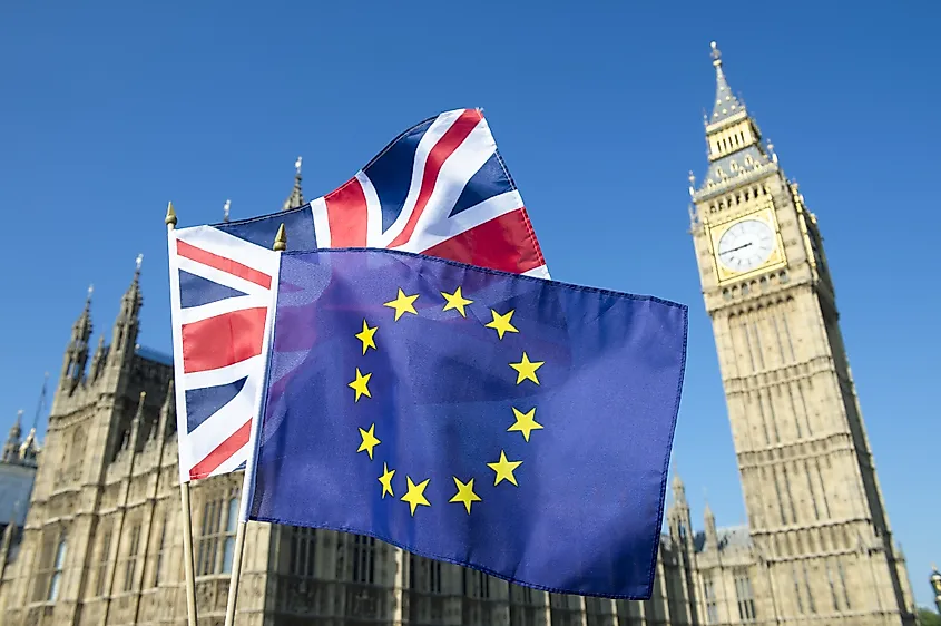 European Union and British Union Jack flag flying in front of Big Ben and the Houses of Parliament at Westminster Palace, London, in preparation for the Brexit EU referendum.