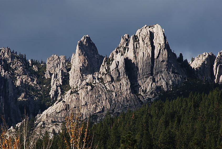 Castle Crags display starkly impressive granite walls and summits in Castle Crags State Park in Northern California.