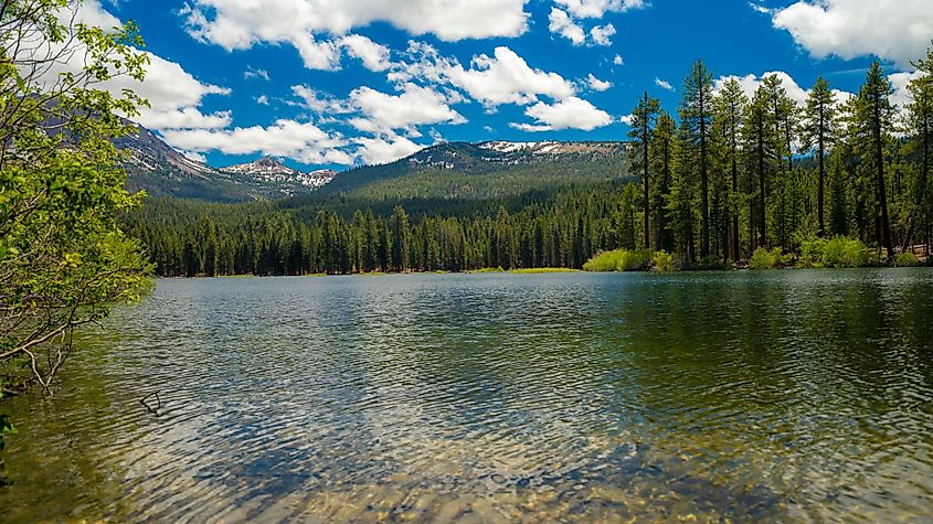 A view of Manzanita Lake during spring in Lassen Volcanic National Park, California