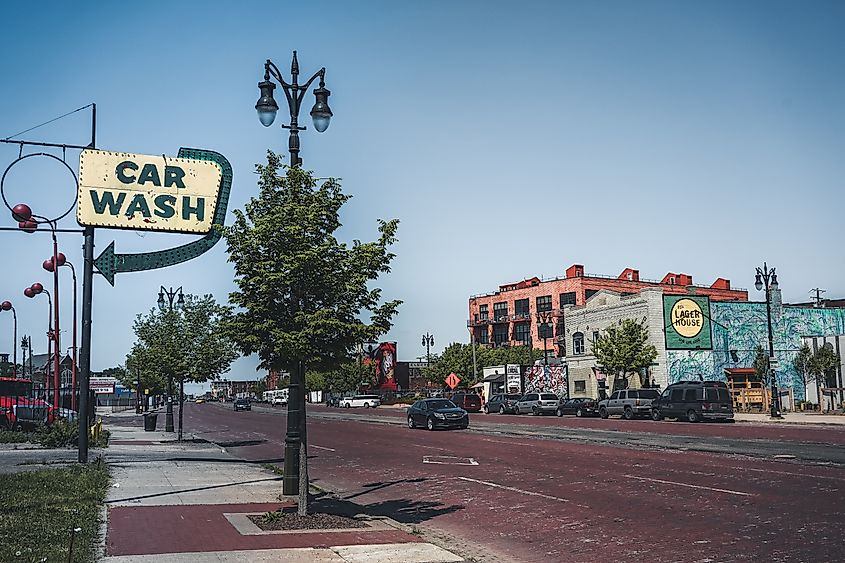 View of Michigan Avenue in Corktown in Detroit, Michigan