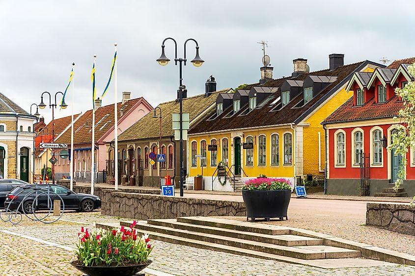 Colorful old houses in the seaside town of Båstad, Sweden.