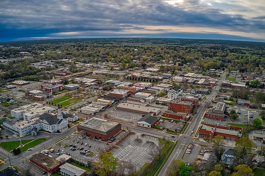 Aerial View of Opelika, Alabama, at dusk.