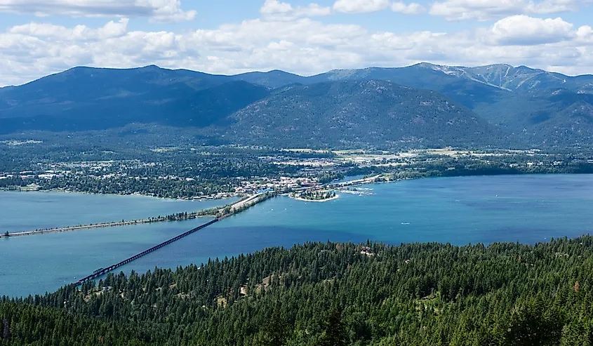 View of Lake Pend Oreille and the town of Sandpoint, Idaho, from the top of the mountain