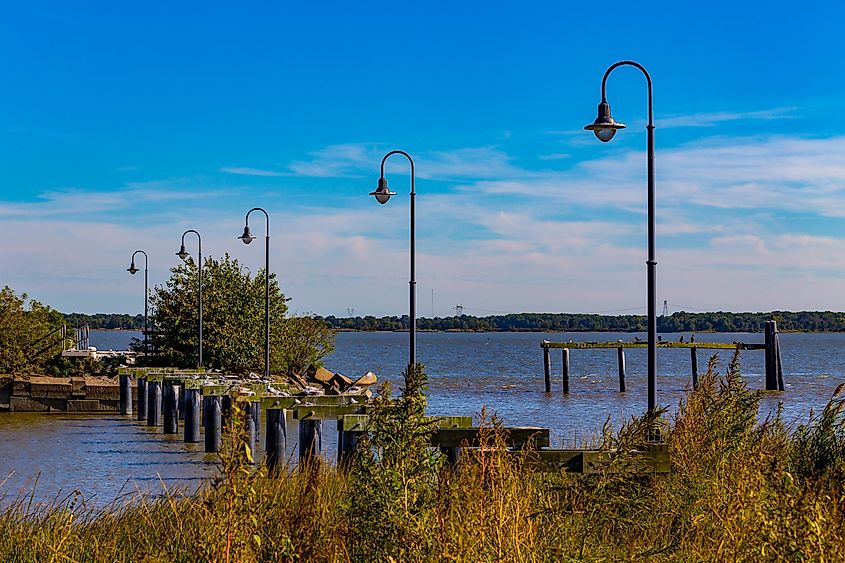 Remains of a damaged dock and pier stands in the Delaware River, via George Sheldon / Shutterstock.com