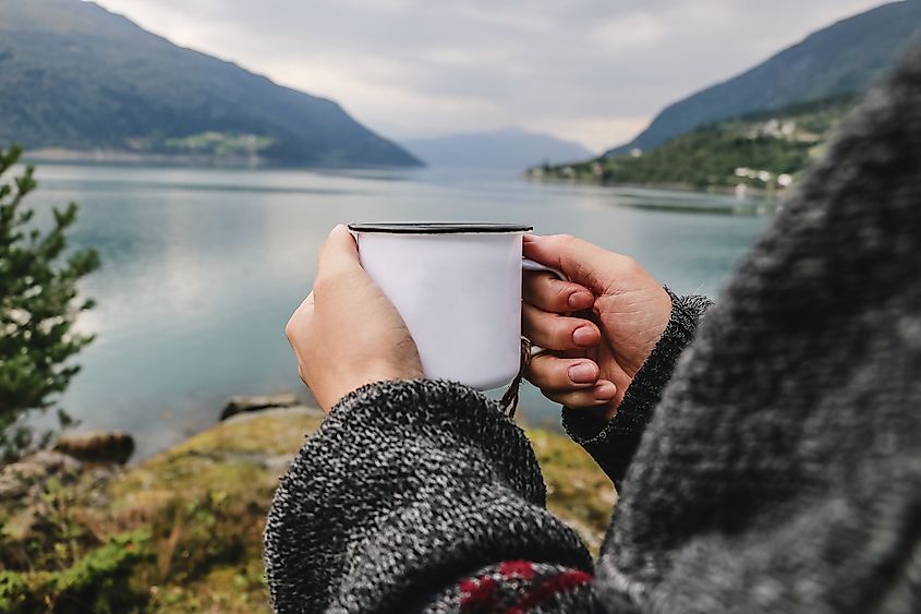 Tin mug mockup in Norway scenery.
