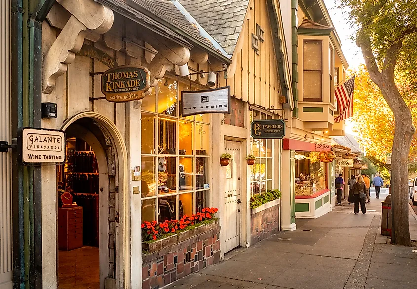 Small stores along the sidewalk in Carmel, California, USA.