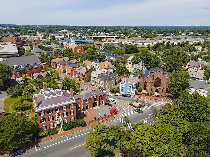 Aerial view of Salem historic city center including Salem Witch Museum in city of Salem, Massachusetts