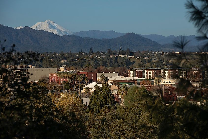 Redding, California, with a snow-covered Mount Shasta in the background.