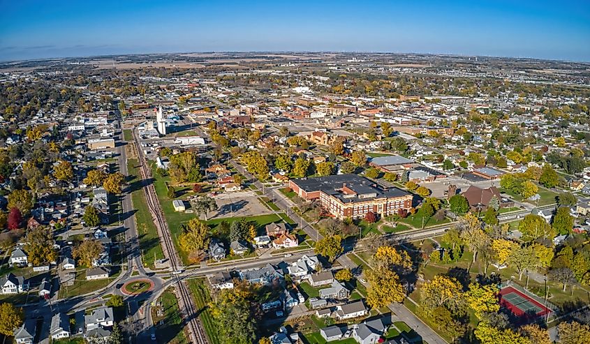 Aerial View of Downtown Norfolk, Nebraska in Autumn