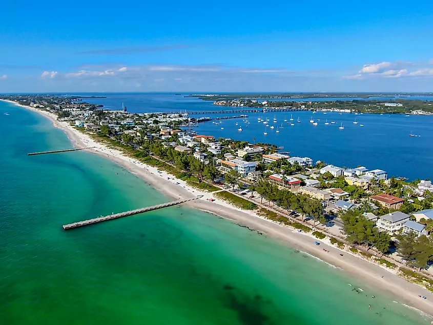 Aerial view of Cortez Beach on Anna Maria Island, Florida.