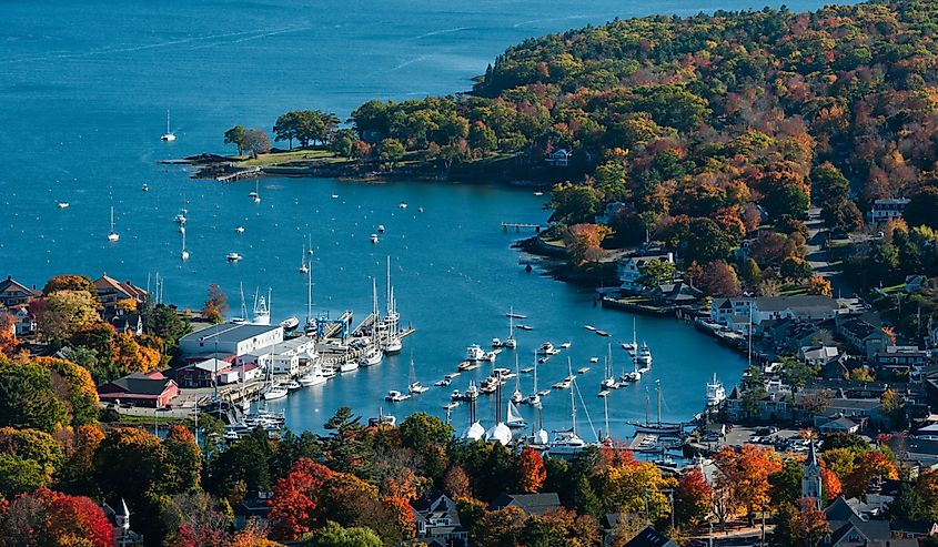 Aerial view of Camden, Harbor Maine with fall foliage