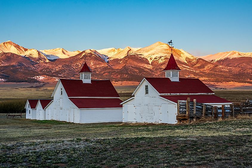 Beckwith Ranch Historical Site in Westcliffe, Colorado, during sunrise.