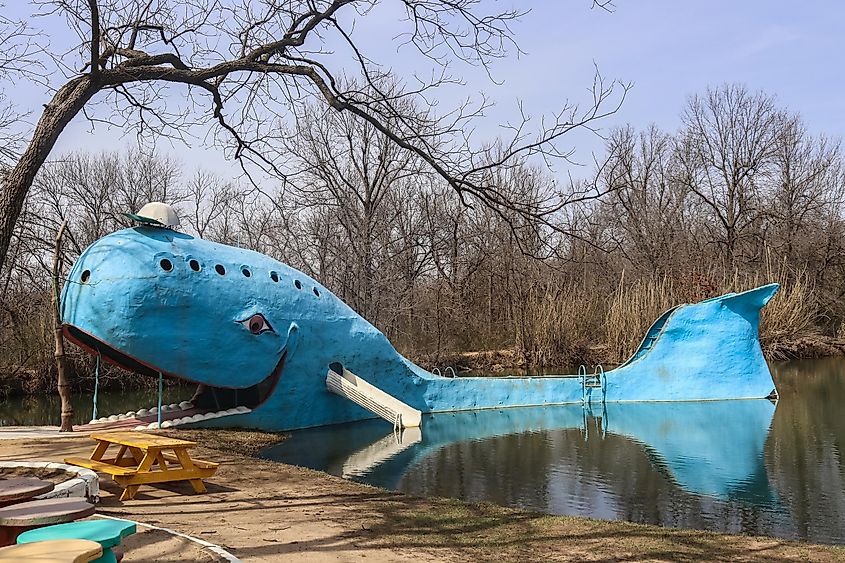 Vintage old metal local landmark in swimming pond in public park in Catoosa Oklahoma on iconic Route 66 Highway. Editorial credit: Vineyard Perspective / Shutterstock.com