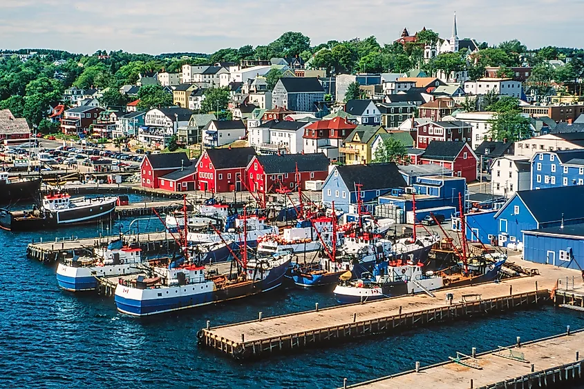Aerial view of the harbor and Old Town of Lunenburg, Nova Scotia.