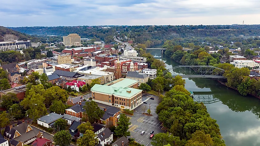 Aerial view of downtown Frankfort, Kentucky, along the Kentucky River