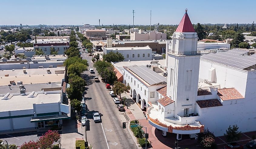 Aerial skyline view of downtown Merced, California