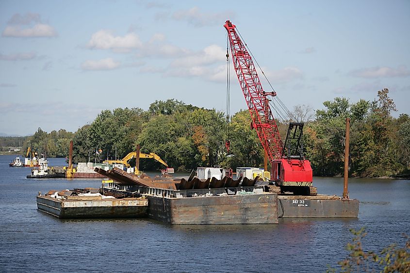 Dredging equipment in the Hudson River during the PCB cleanup.