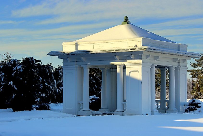 Snow-covered pavilion in Hershey, Pennsylvania.