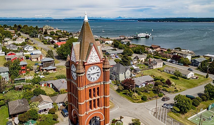Aerial view over the Port Townsend clock tower, town, and beach