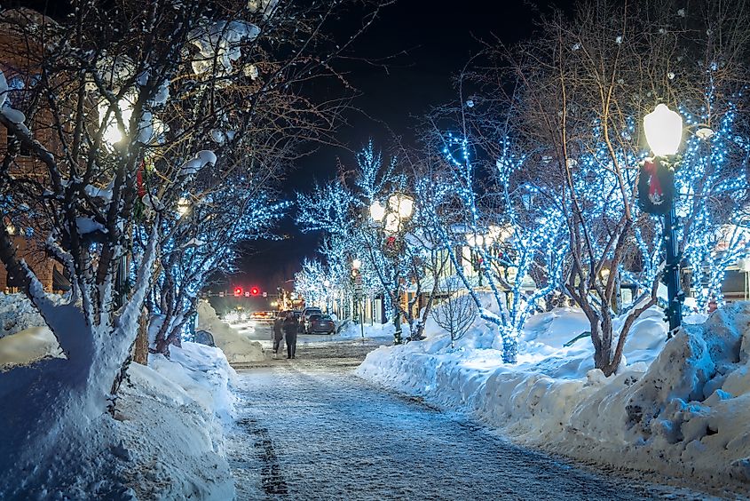 Aspen, Colorado, Night Street Scene Winter lighted trees.