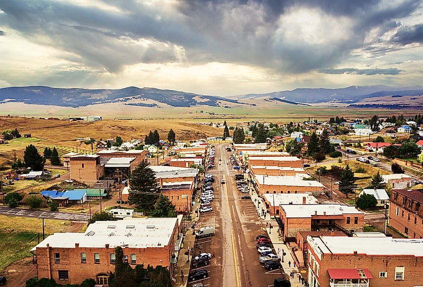 Aerial view of Broadway Street in Philipsburg, Montana.