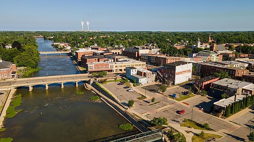 This aerial photo captures the heart of downtown Monroe, Michigan