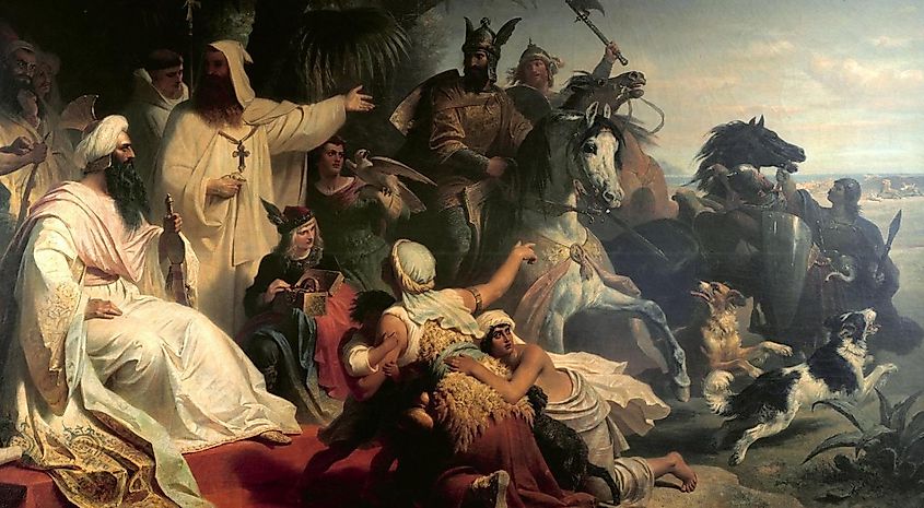 Harun al-Rashid (r. 786–809) receiving a delegation sent by Charlemagne at his court in Baghdad. Painting by German painter Julius Köckert (1827–1918), dated 1864.