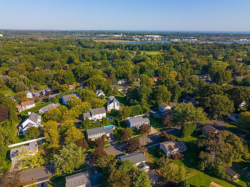 Historic residential houses aerial view in summer in town center of Stratford, Connecticut