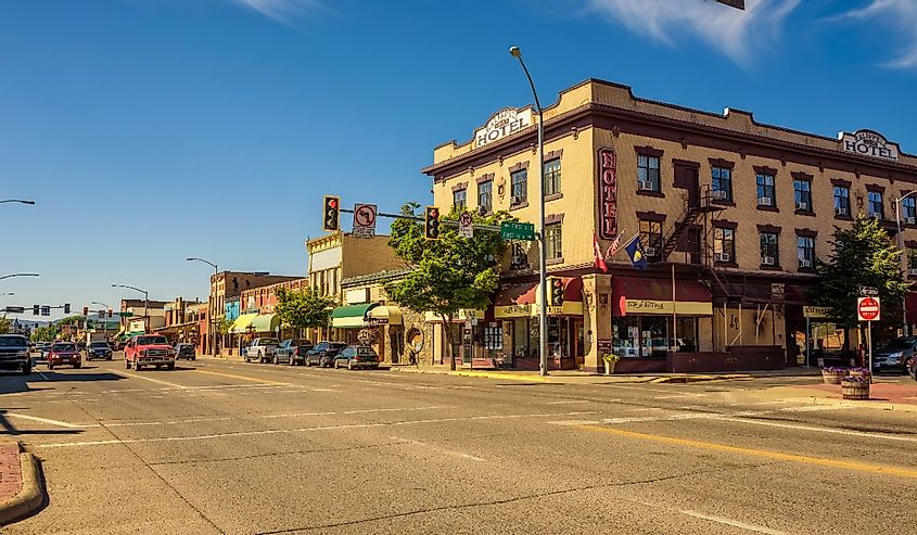 Scenic street view with shops and hotels in Kalispell. Kalispell is the gateway to Glacier National Park.
