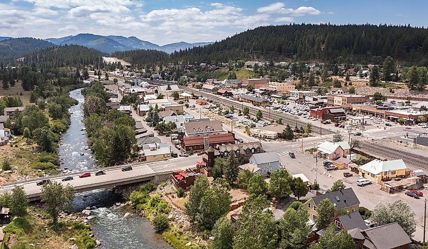 Aerial view of historic homes in Truckee, California with the mountains in the background