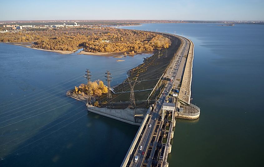 Aerial view of the Novosibirsk hydroelectric power plant station