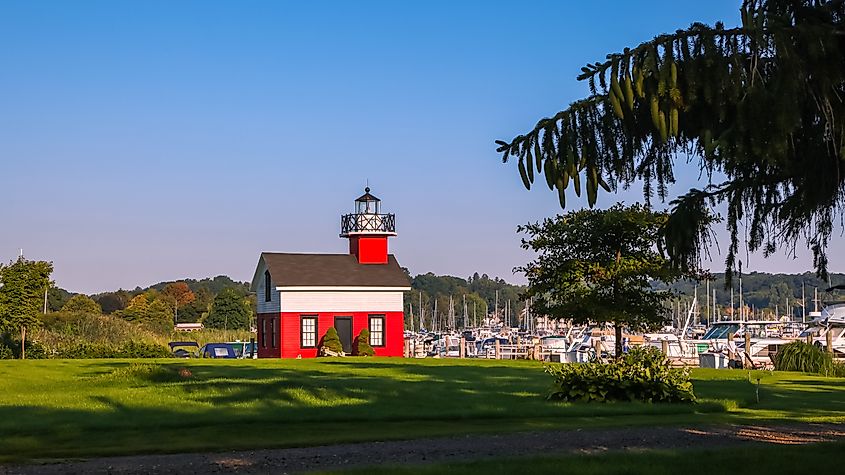 Kalamazoo replica lighthouse at Saugatuck marina in Michigan