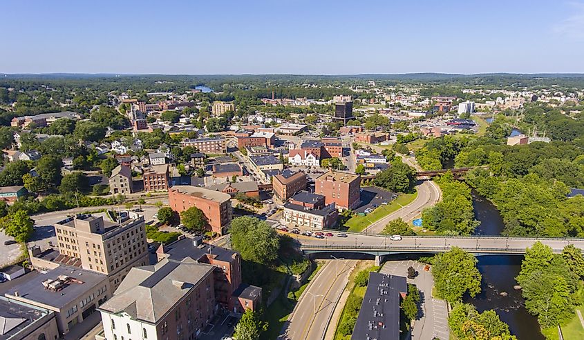 Blackstone River and Woonsocket Main Street Historic District aerial view in downtown Woonsocket, Rhode Island
