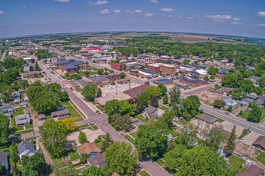 Aerial view of Spirit Lake, the largest town in the Okoboji Great Lakes tourism area in Iowa, USA.
