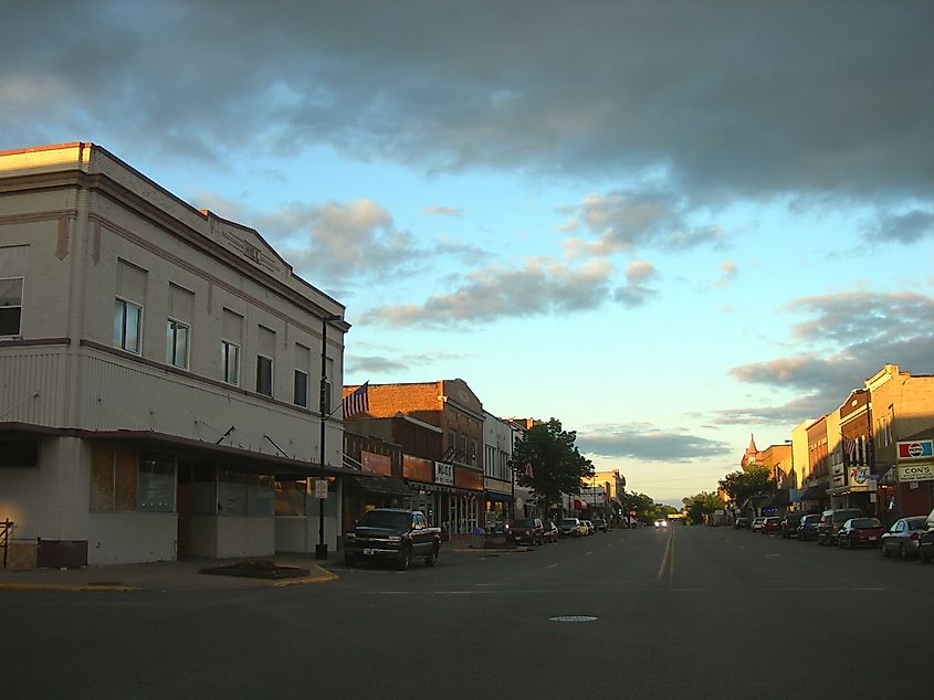 The downtown area of Antigo, Wisconsin, at sunset.