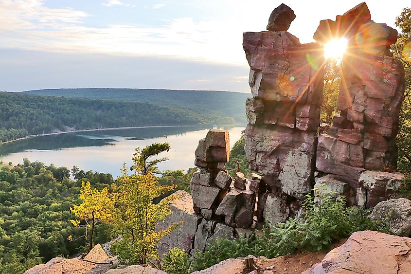 Arial view on a beautiful lake from a hiking trail at Devil's Doorway in Devil's Lake State Park.