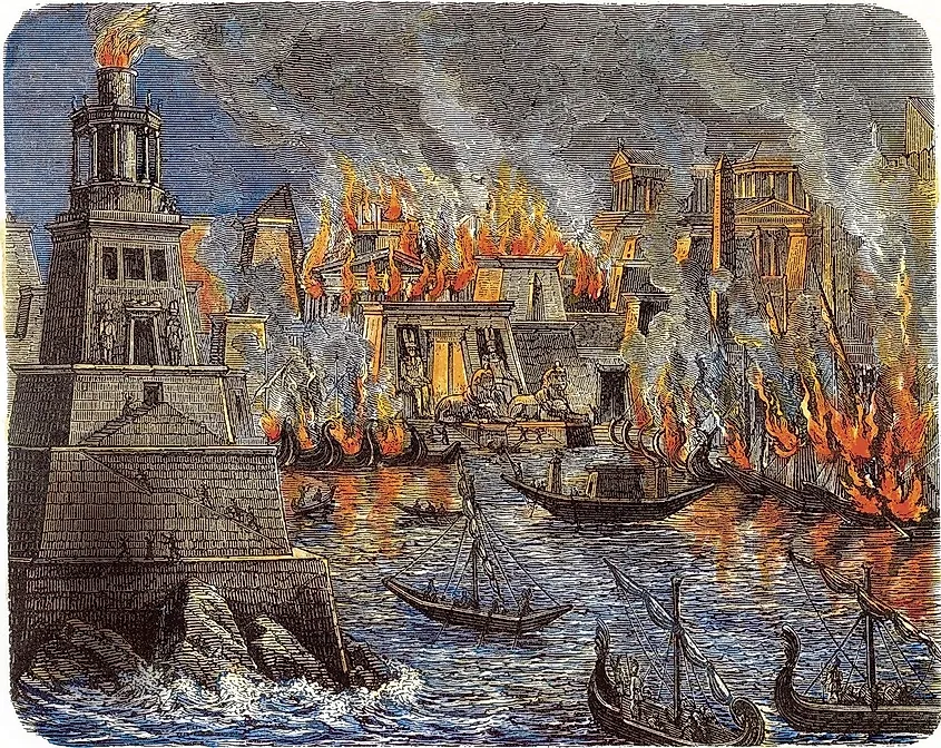 An artistic rendering of the burning of the Library of Alexandria.