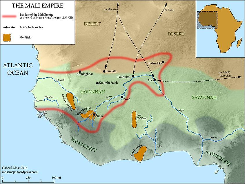 The Mali Empire in 1337, including the location of the Bambuk, Bure, Lobi and Akan Goldfields