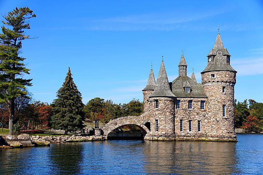 The view of The Power House and Clock Tower of Boldt Castle on the St. Lawrence River in Alexandria Bay, New York, USA.