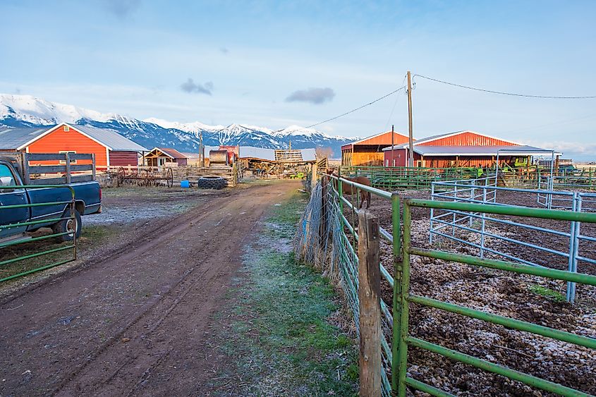 A ranch, barns, truck, overlooking mountains in Joseph, Oregon.