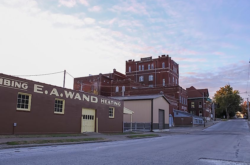 Old business buildings in Quincy, Illinois, USA, on an early winter morning.