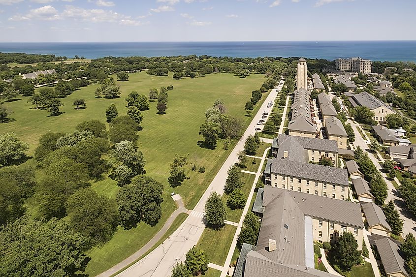 Aerial view of Fort Sheridan with Lake Michigan in the distance in the northern suburbs of Chicago, Illinois.
